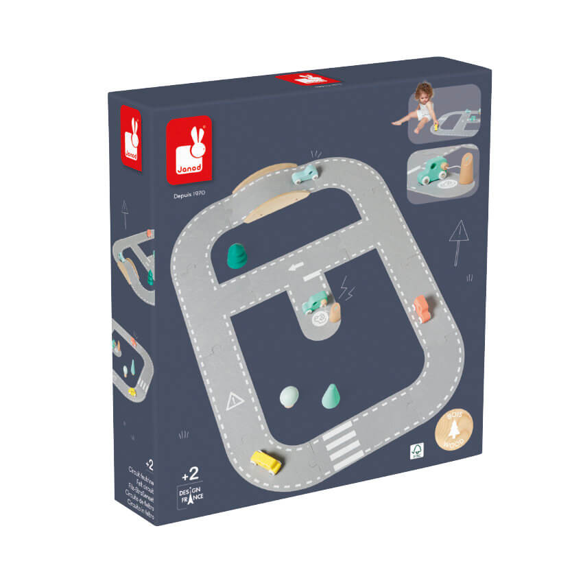 Janod Bolid Bois FSC-Jouet Premier Age-Circuit Feutrine + 4 Voitures + 5 Accessoires-Dès 2 Ans, J04631, Multicolore